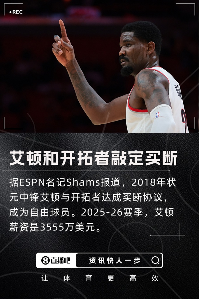 围绕年轻中锋建队！3500万年薪艾顿被开拓者买断成自由球员！